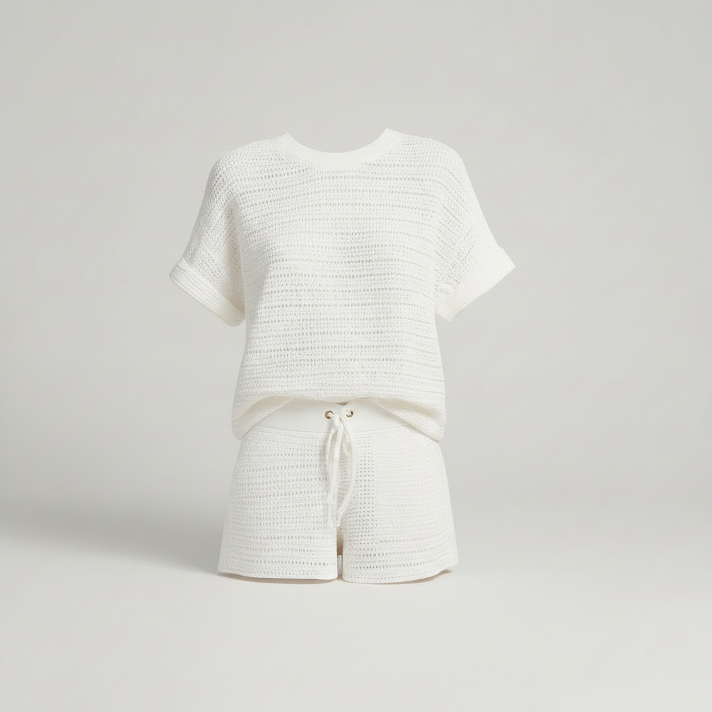 Hollow Knit White Women's Shorts Set | Two Piece Short Set