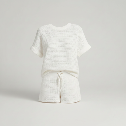 Hollow Knit White Women's Shorts Set | Two Piece Short Set