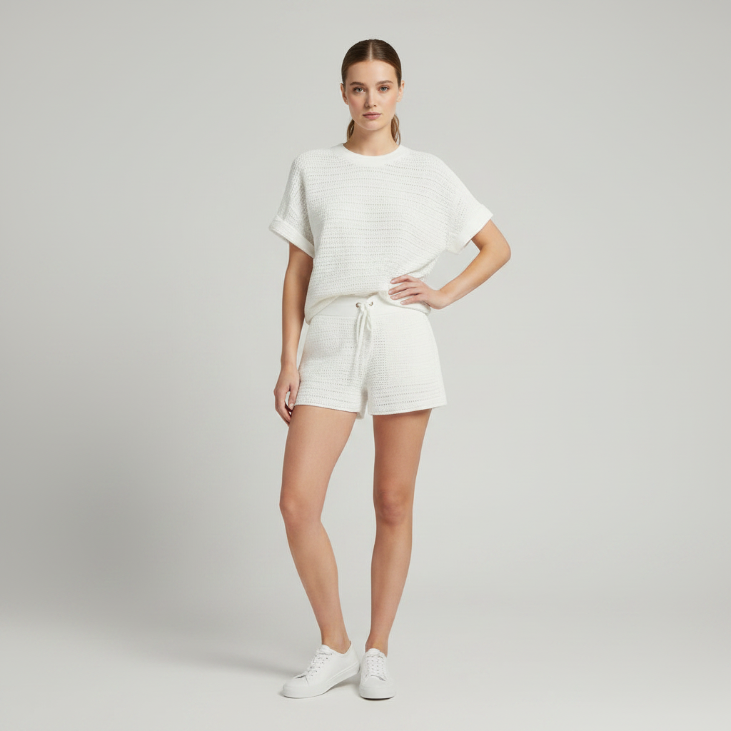 Hollow Knit White Women's Shorts Set | Two Piece Short Set