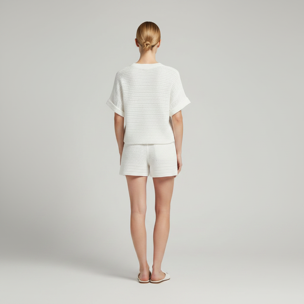 Hollow Knit White Women's Shorts Set | Two Piece Short Set
