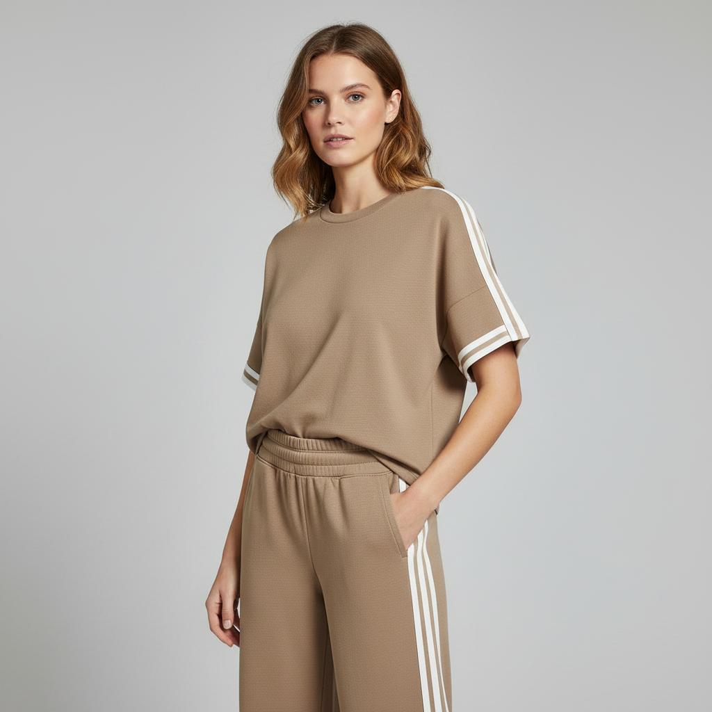 Khaki Striped Trim Loungewear Set | Women's Tracksuit