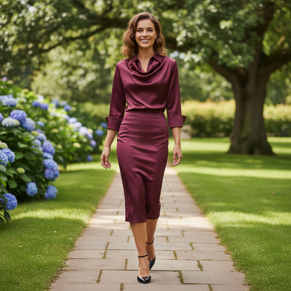 Satin Midi Dress with Sleeves | Women's Midi Dress
