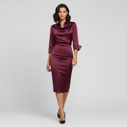 Satin Midi Dress with Sleeves | Women's Midi Dress