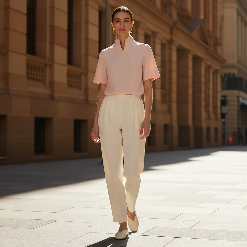 Stand Collar Blouse | Women's Structured Top in Smooth Fabric