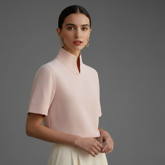 Stand Collar Blouse | Women's Structured Top in Smooth Fabric