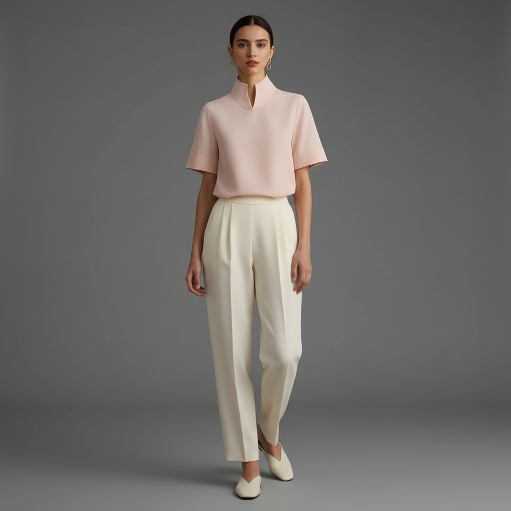 Stand Collar Blouse | Women's Structured Top in Smooth Fabric