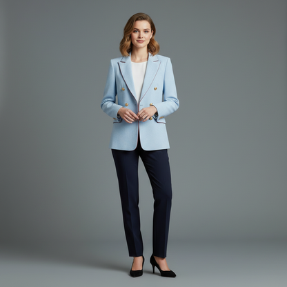 Vintage Sky Blue Linen-Blend Blazer | Double-Breasted Jacket